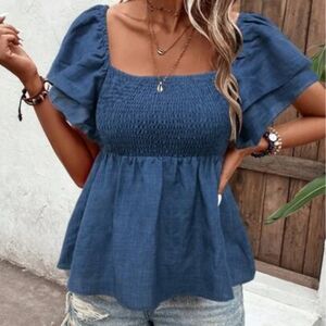 BLUE SMOCKED BLOUSE SIZE X LARGE